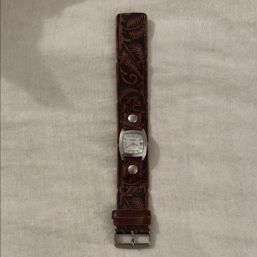Brown Embossed Leather Strap Watch